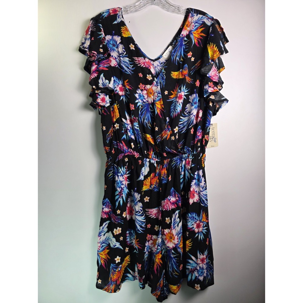 Terra & Sky Women Plus Size Tropical Floral Parrot Ruffle Sleeve Romper Black - Picture 2 of 9